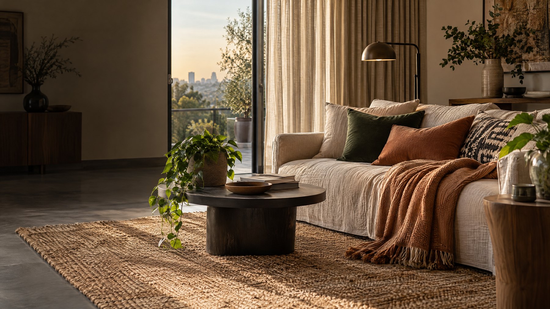 Warm living room with curtains, a covered sofa, blanket and area rug